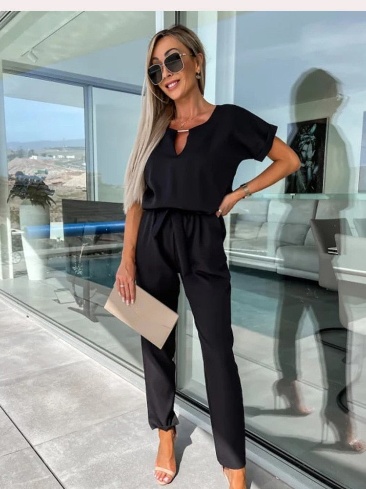 Jumpsuit with Short Sleeves and Belt - Eliana-Black-S-The Livary