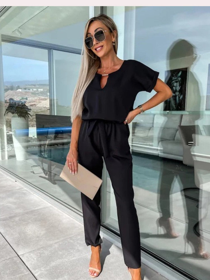 Jumpsuit with Short Sleeves and Belt - Eliana-Black-S-The Livary