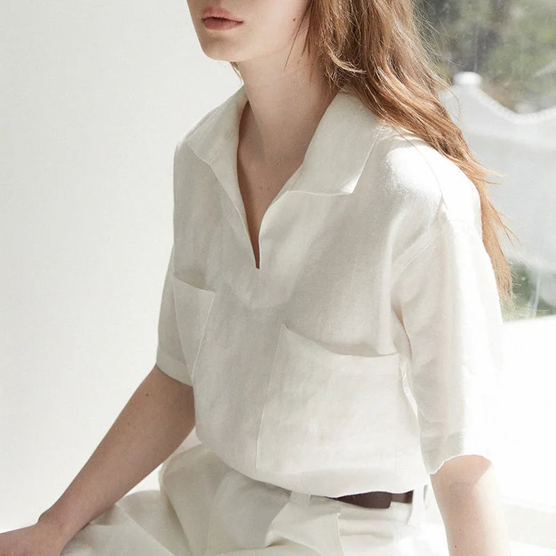 Airy & Timeless Short Sleeve Linen Blouse for Women V-Neck – Milena-S-The Livary