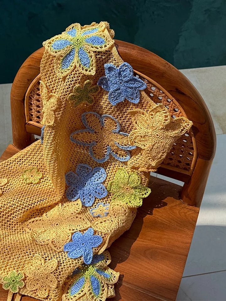 Yellow crocheted summer mini dress with floral embroidery for women – Nari-S-The Livary