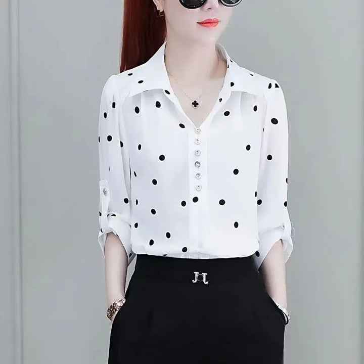 Stylish women's chiffon blouse with buttons & fold-over collar – Fenya-White-L-The Livary