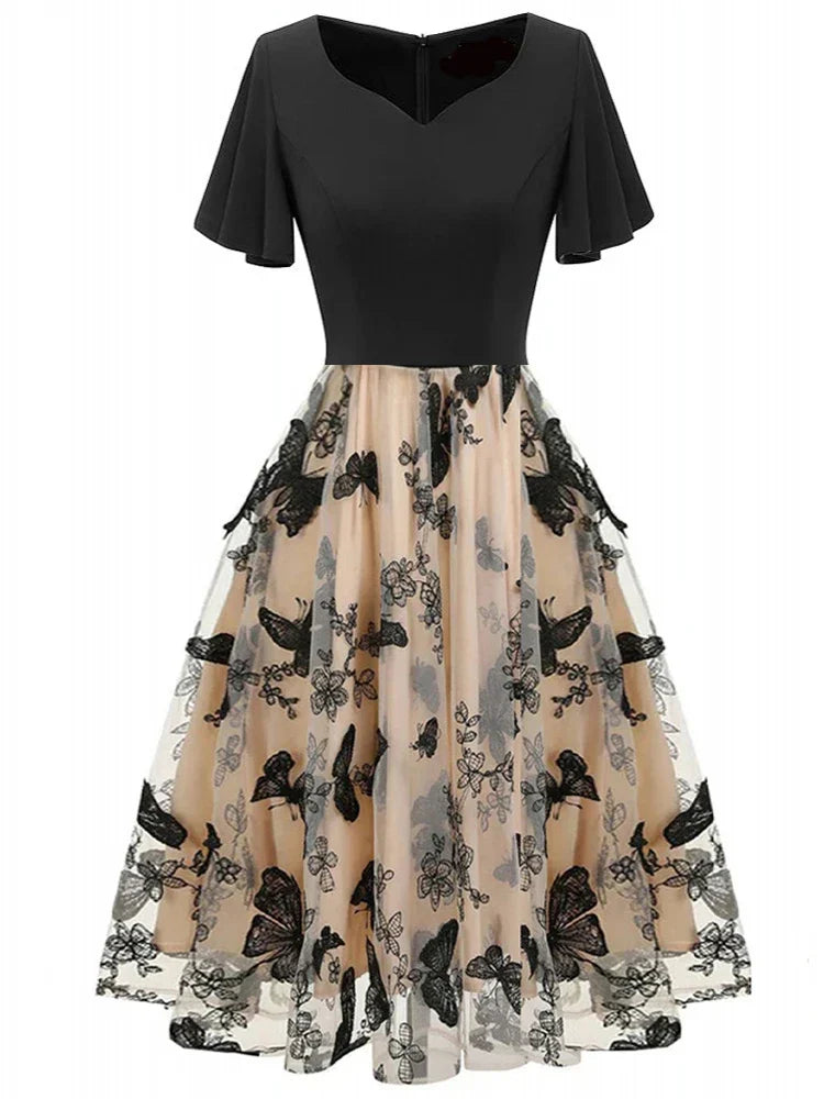Stylish midi dress made of mesh with embroidery & flounce sleeves – Maila-S-The Livary