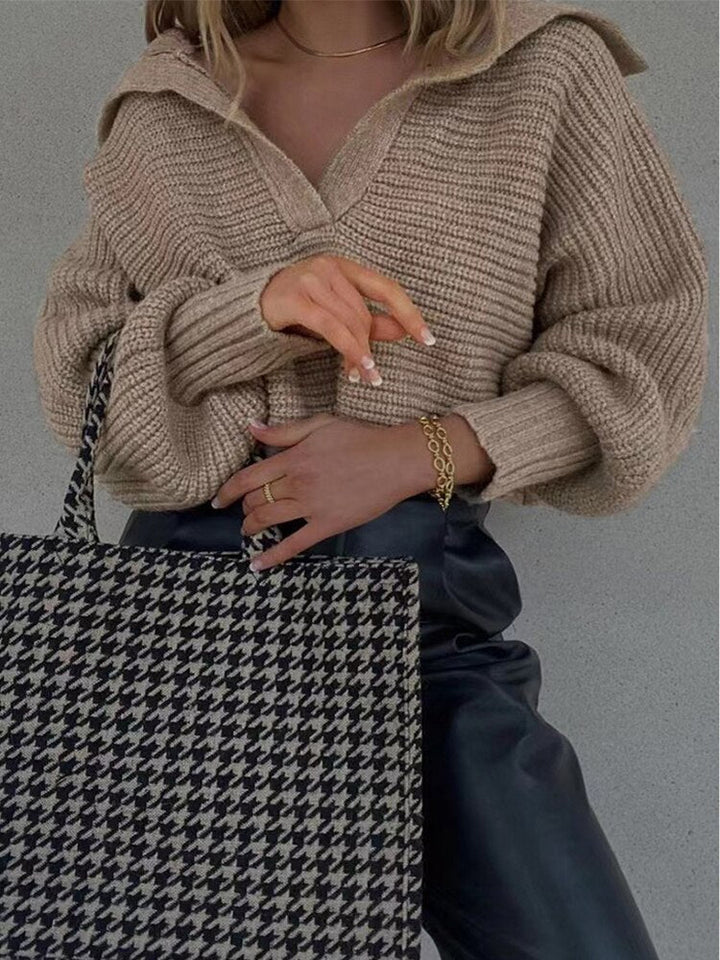 Knitted V-Neck Sweater - Isolde-Khaki-S-The Livary