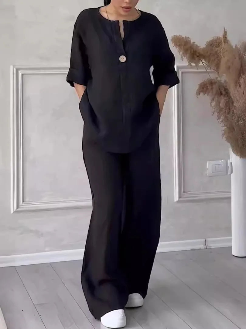 Airy & Stylish Summer Set with Blouse & Wide Trousers made of Linen – Melina-Black-S-The Livary