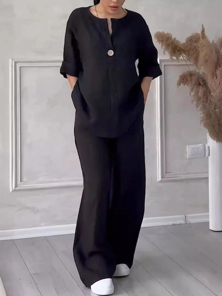 Airy & Stylish Summer Set with Blouse & Wide Trousers made of Linen – Melina-Black-S-The Livary