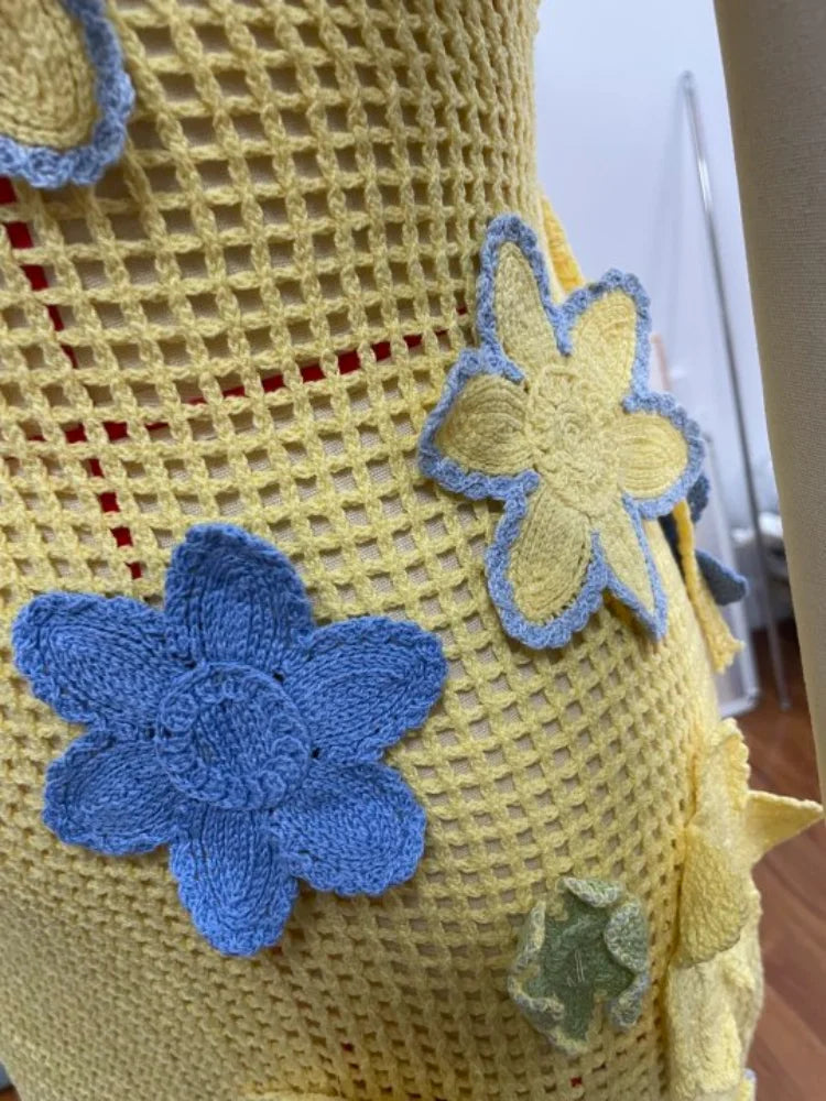 Yellow crocheted summer mini dress with floral embroidery for women – Nari-S-The Livary