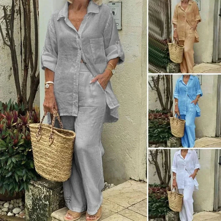 Airy & Stylish Oversized Linen Combo with Blouse and Trousers for Women – Amaris-Blue-S-The Livary