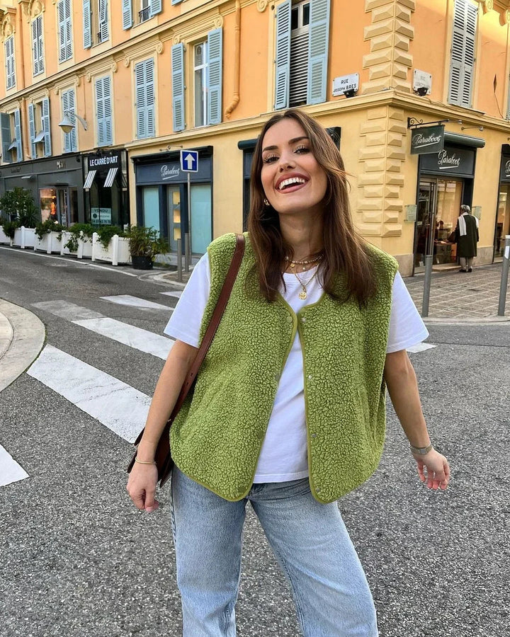 Warm & Comfortable V-neck Gilet for Women - Alina-Green-The Livary