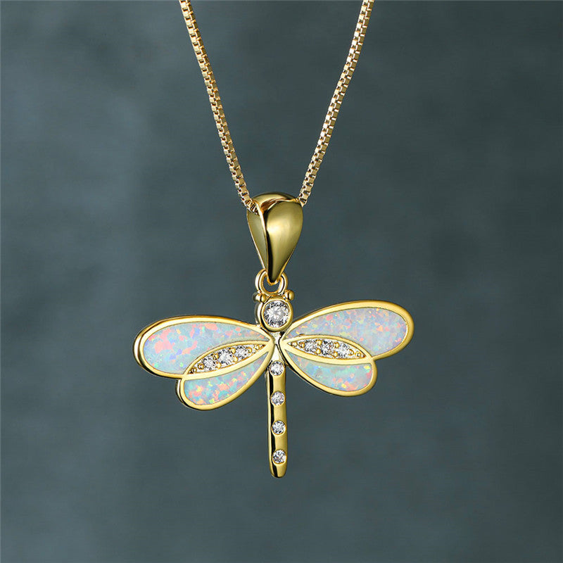 Golden Dragonfly Necklace with Opal - Isolde-White-The Livary