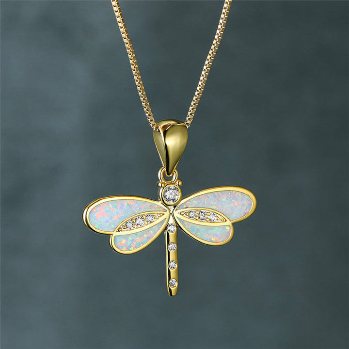 Golden Dragonfly Necklace with Opal - Isolde-White-The Livary