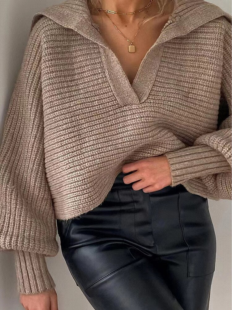 Knitted V-Neck Sweater - Isolde-Khaki-S-The Livary