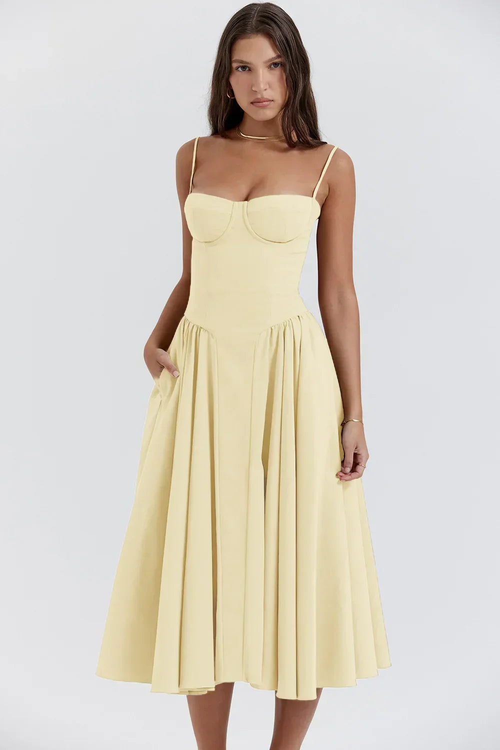 Stylish ladies' summer dress with spaghetti straps & waist corset – Mira-Blue-S-The Livary