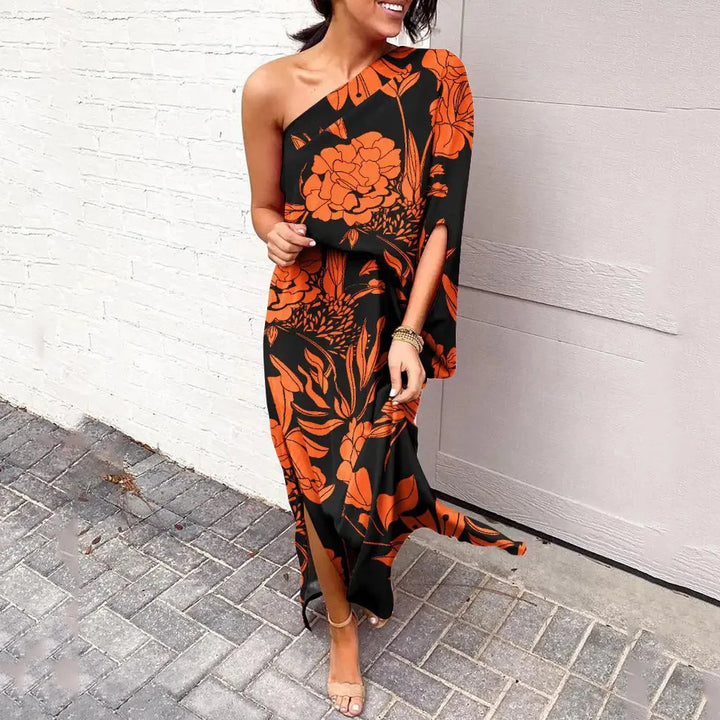 Dress with Diagonal Shoulder Line - Mila-Orange-S-The Livary