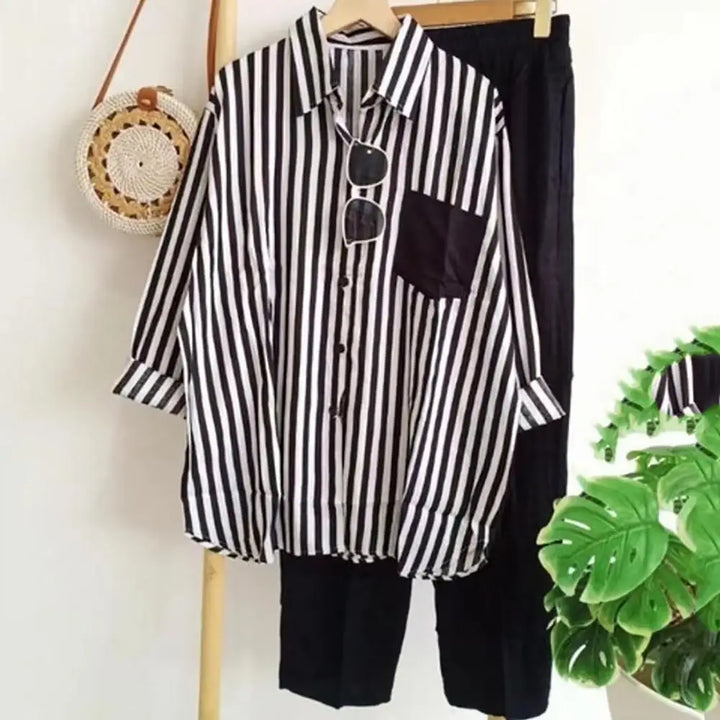 Two-piece summer set made of linen Loose shirt & Wide trousers - Zayenne-Black-S-The Livary