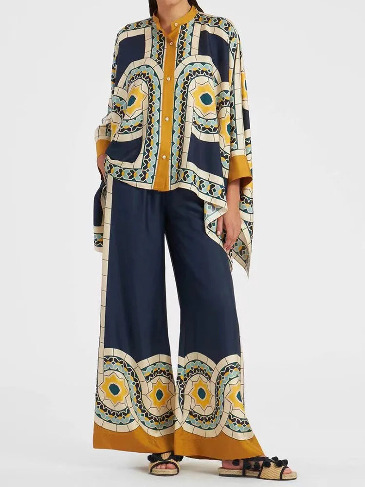 Two-piece Women's Linen Streetwear Set with Ethno Print – Samira-Blue-S-The Livary