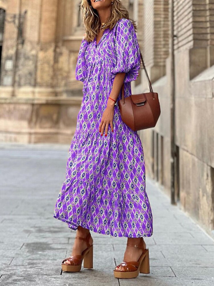 Printed maxi dress with waist band – Aurelia-Purple-S-The Livary