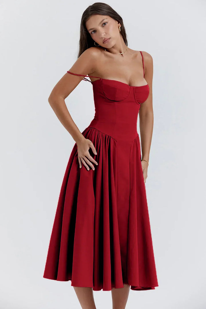 Stylish ladies' summer dress with spaghetti straps & waist corset – Mira-Blue-S-The Livary