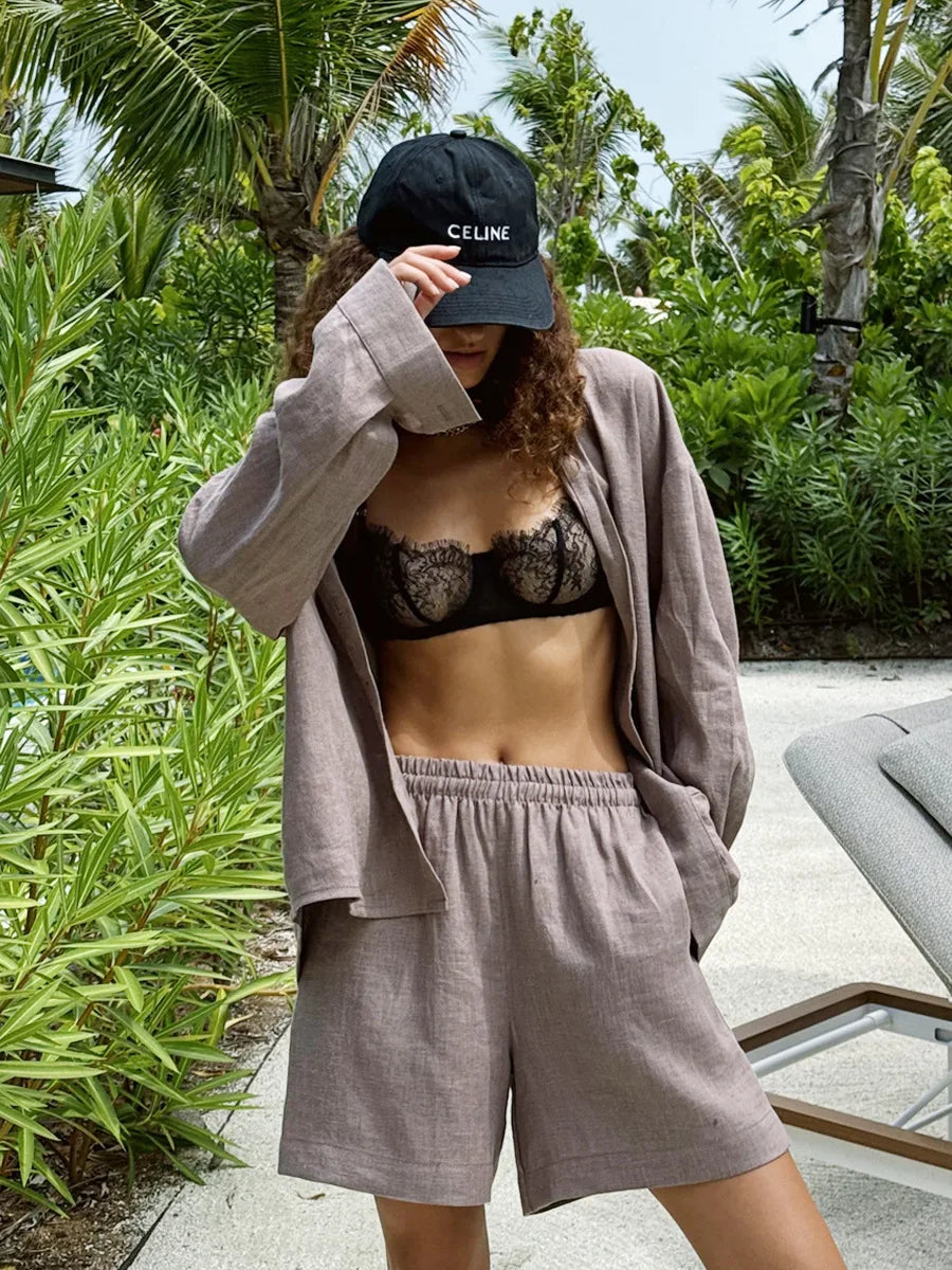 Ladies Summer Two-Piece Trouser & Top – Léonie-Khaki shorts-S-The Livary