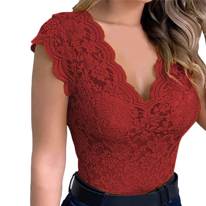 Stylish ladies' summer top made of lace with floral pattern - SpitzenLicht-Red-S-The Livary