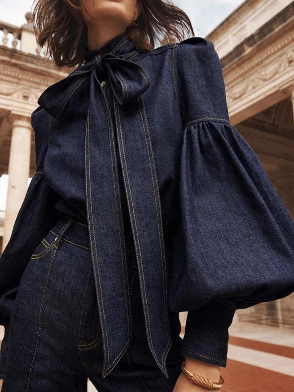 Ladies Denim Blouse with Puff Sleeves - Riva-S-The Livary