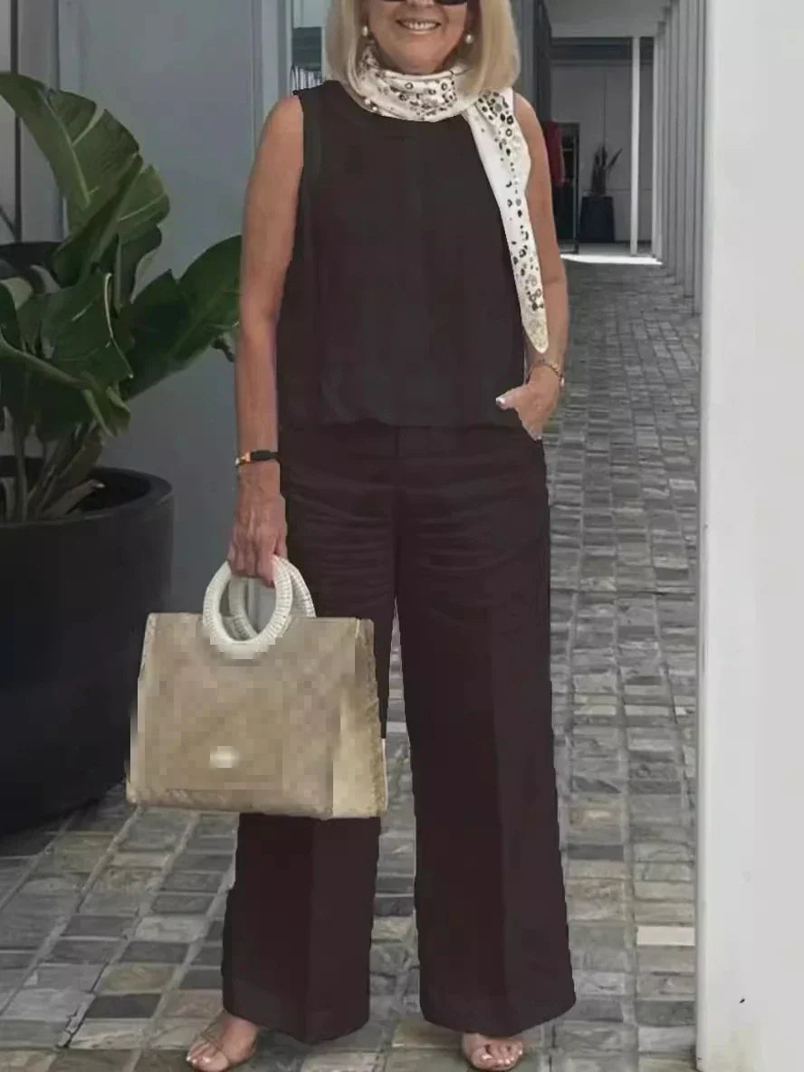 Two-piece women's summer set made of linen with sleeveless blouse – Maelis-Dark brown-S-The Livary