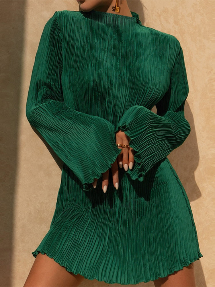 Plissé Flare Dress - Liva-Green-S-The Livary