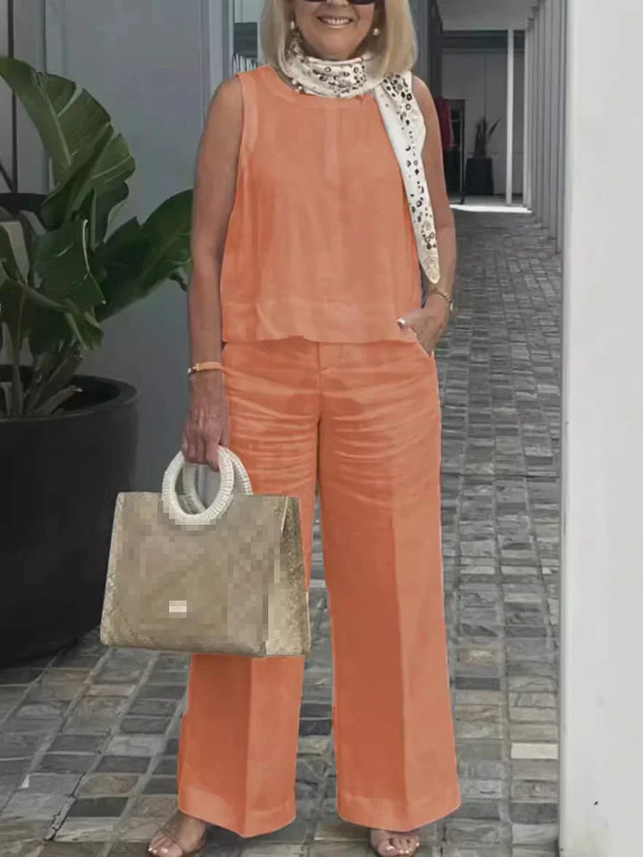 Two-piece women's summer set made of linen with sleeveless blouse – Maelis-Orange-S-The Livary