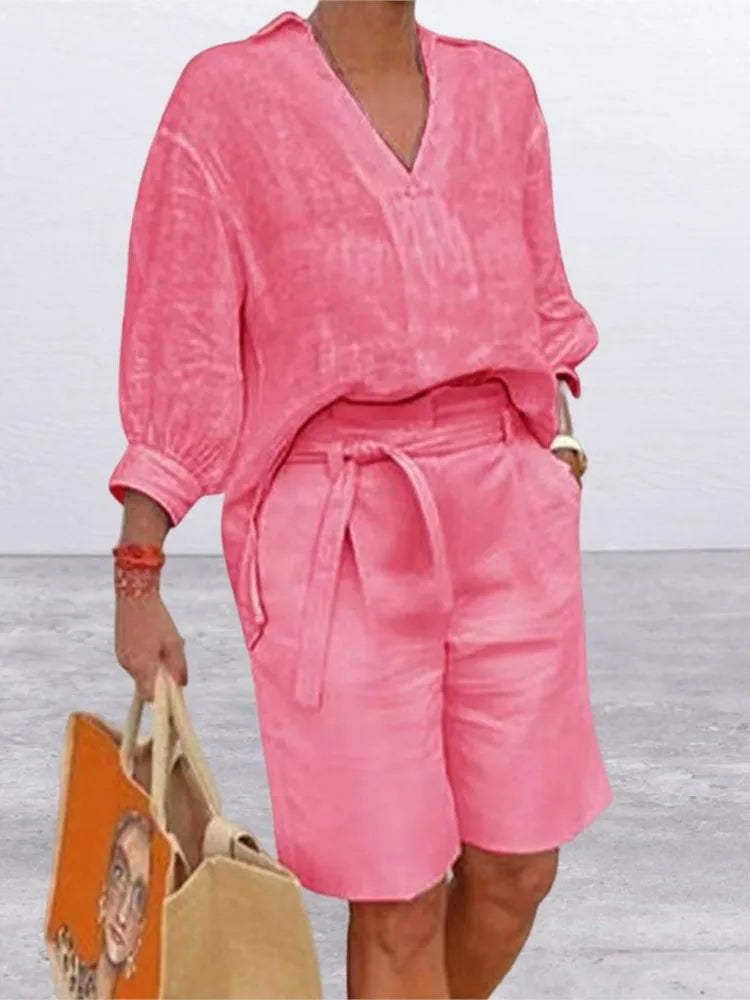 Airy & Stylish Two-Piece Linen Set with Blouse & Shorts for Women – Malea-Pink-S-The Livary
