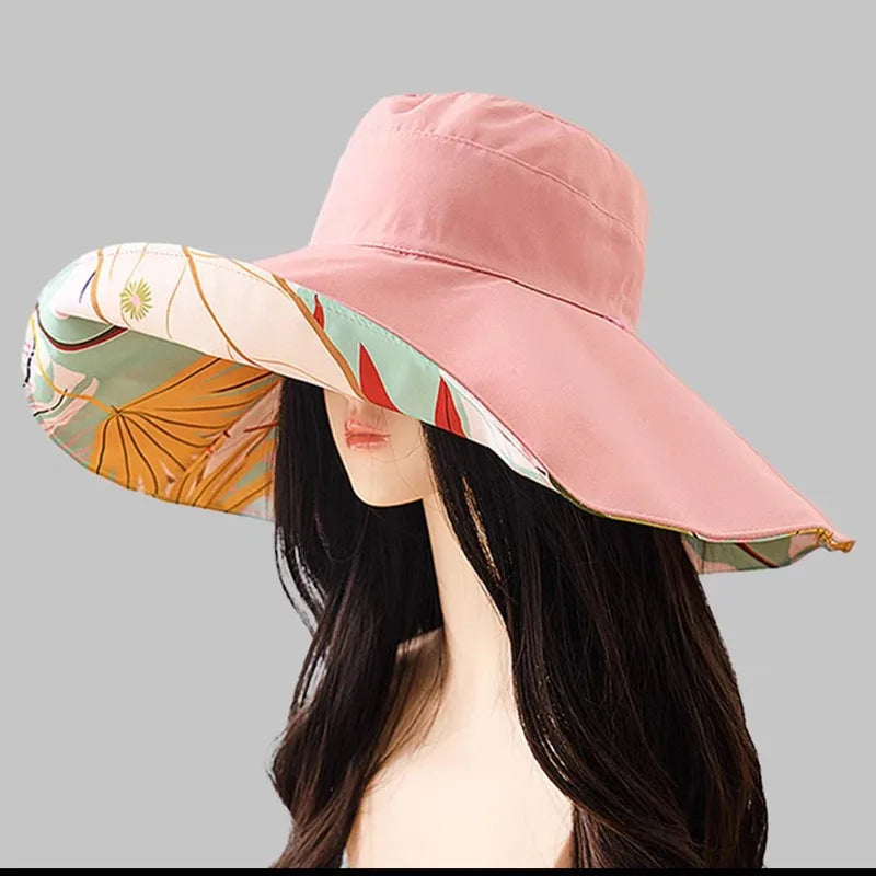 Reversible sun hat made of cotton with a wide brim (22-23 In) – Liora-Pink (double-sided)-The Livary
