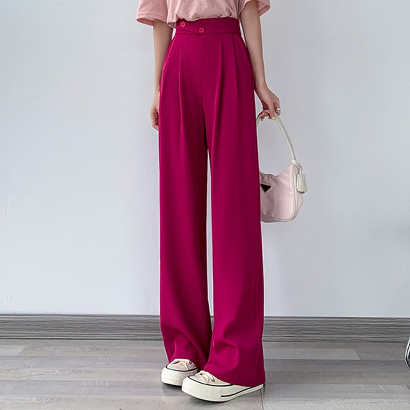 High-Waist Casual Women's Trousers with Wide Leg – Emilia-Pink-S-The Livary