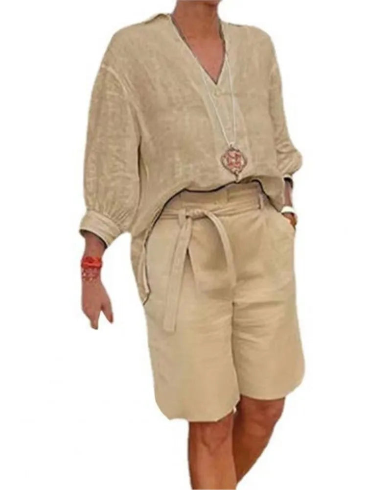 Airy & Stylish Two-Piece Linen Set with Blouse & Shorts for Women – Malea-Khaki-S-The Livary