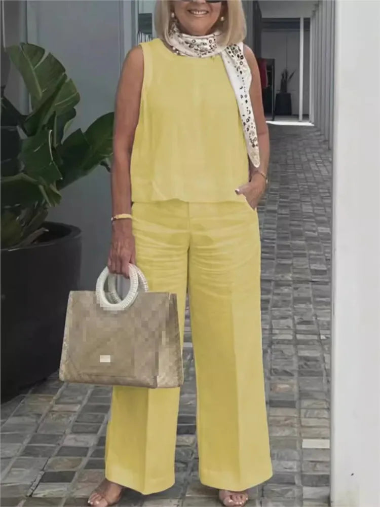 Two-piece women's summer set made of linen with sleeveless blouse – Maelis-Yellow-S-The Livary