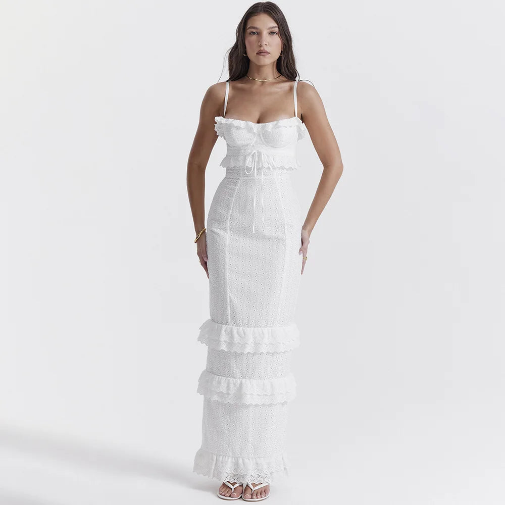 Stylish Embroidered Camisole Maxi Dress in White - Alina-XS-The Livary