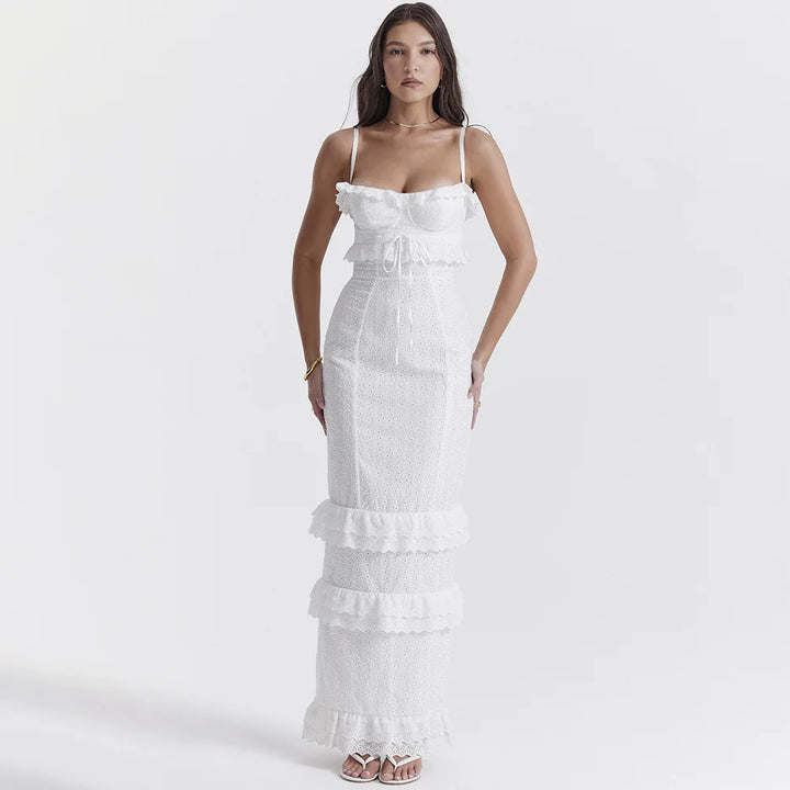 Stylish Embroidered Camisole Maxi Dress in White - Alina-XS-The Livary