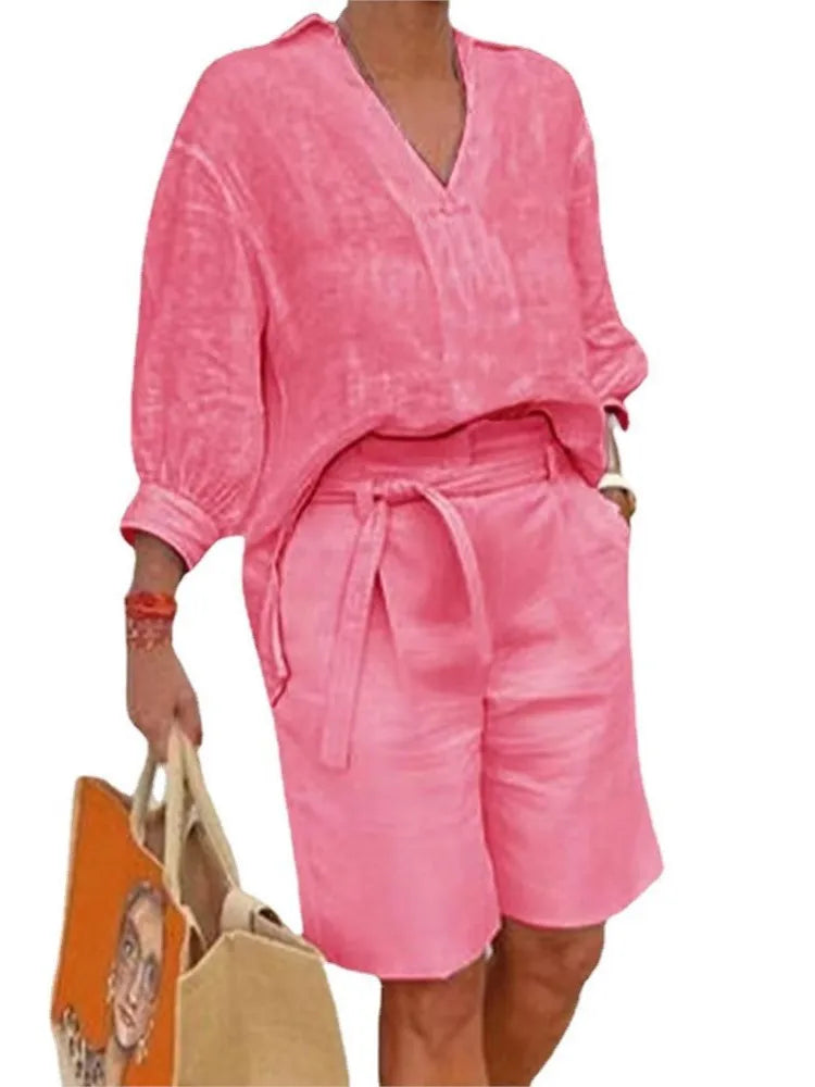 Airy & Stylish Two-Piece Linen Set with Blouse & Shorts for Women – Malea-Pink-S-The Livary