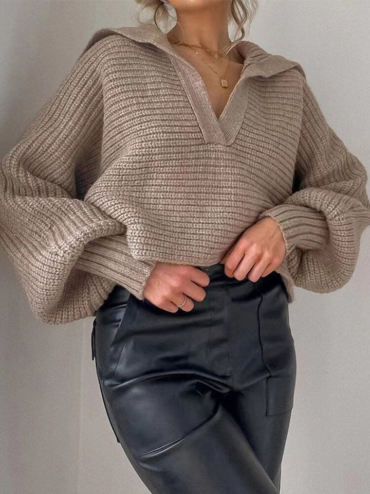 Knitted V-Neck Sweater - Isolde-Khaki-S-The Livary