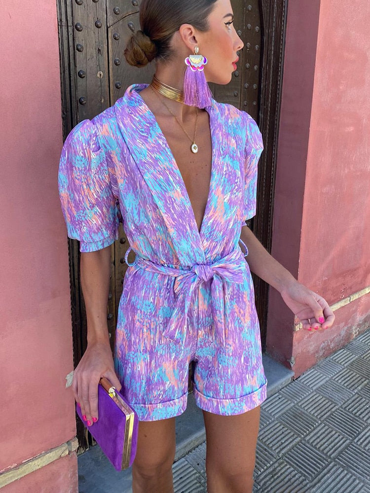 Trendy festival print playsuit with belt – Leona-Purple-S-The Livary