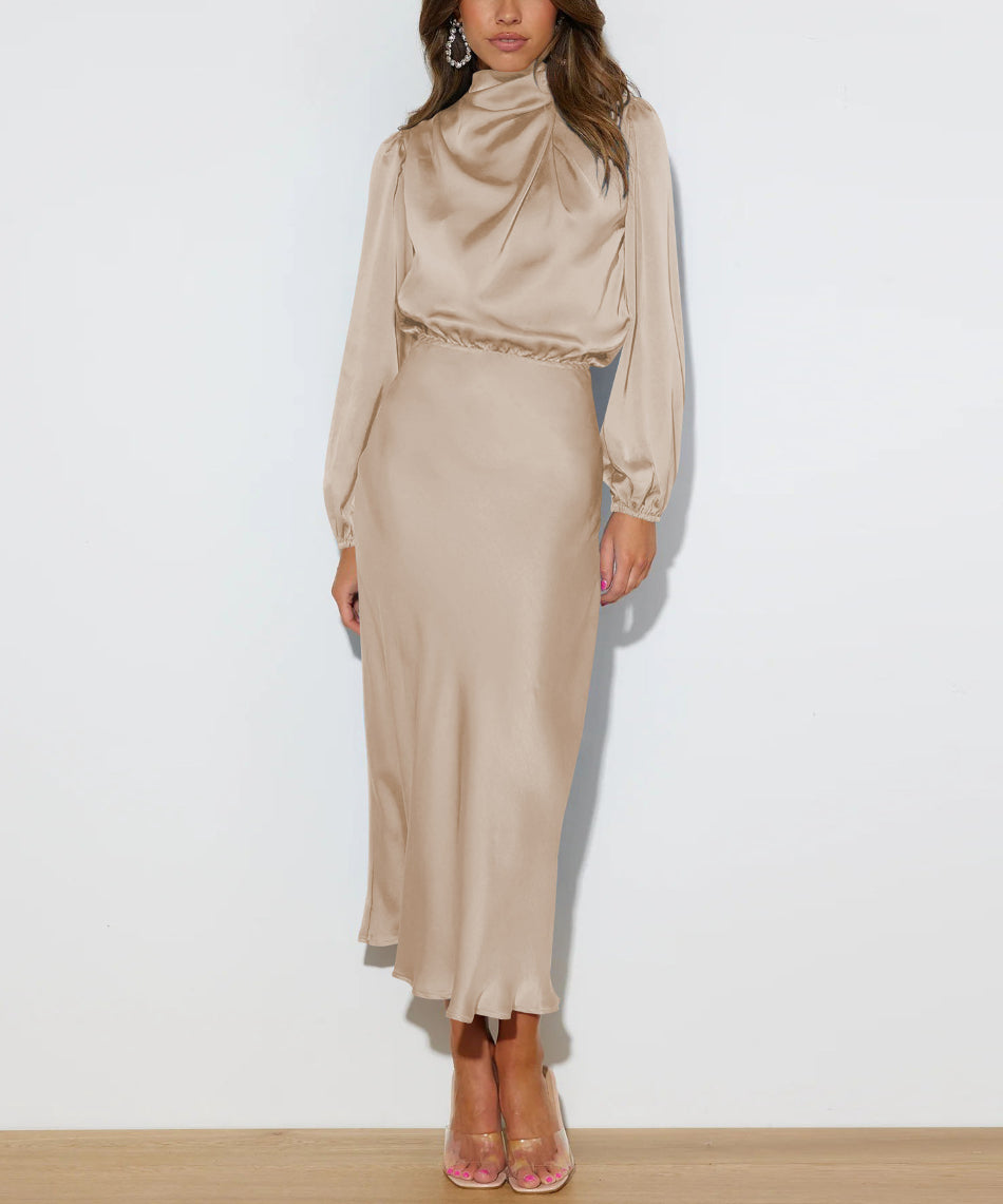 Luxury Satin Dress - Evelina-Beige-S-The Livary