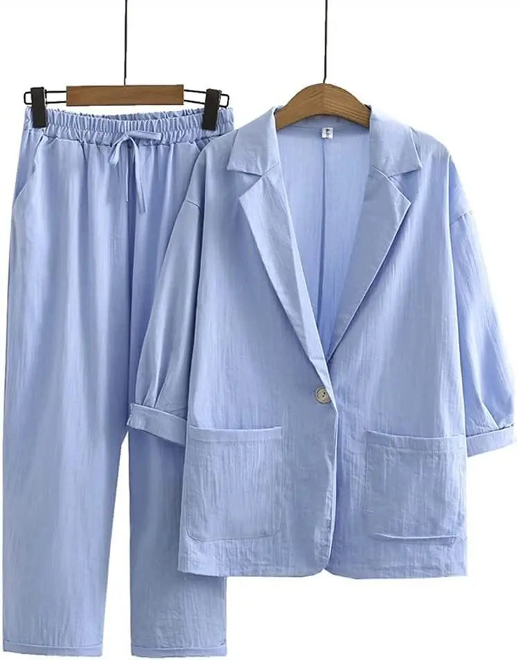 Airy & Stylish Two-Piece with Jacket and Straight Trousers for Women – Sorella-Blue-S-The Livary