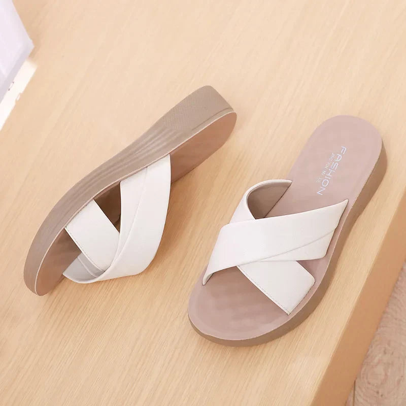 Ladies' wedge slippers made of leatherette with an open toe – Cassy-Beige-3.5-The Livary