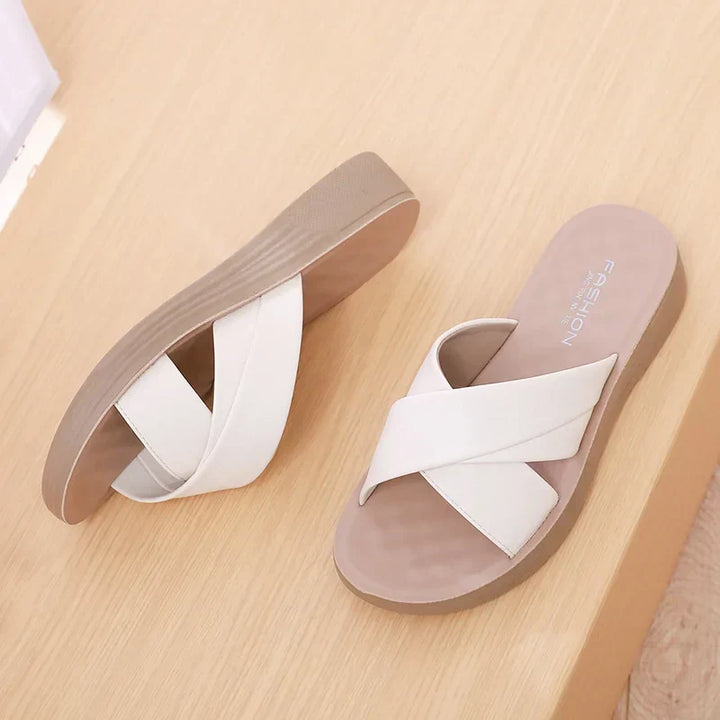 Ladies' wedge slippers made of leatherette with an open toe – Cassy-Beige-3.5-The Livary