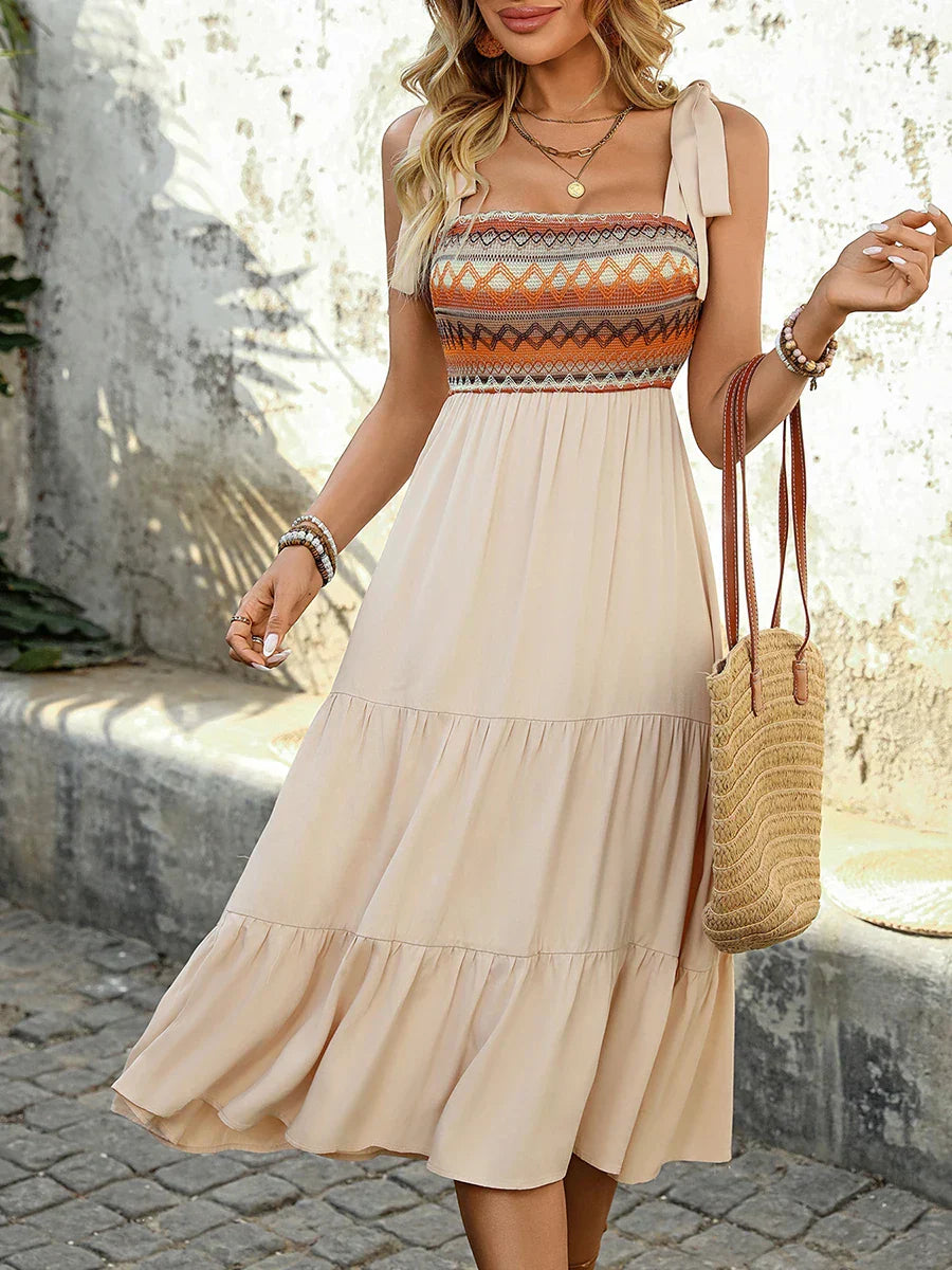Apricot-coloured airy & stylish spaghetti strap midi dress for summer – Lina-S-The Livary