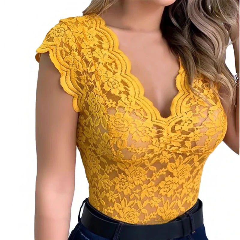 Stylish ladies' summer top made of lace with floral pattern - SpitzenLicht-Yellow-S-The Livary
