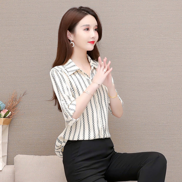 Stylish women's chiffon blouse with buttons & fold-over collar – Fenya-Cream white-L-The Livary