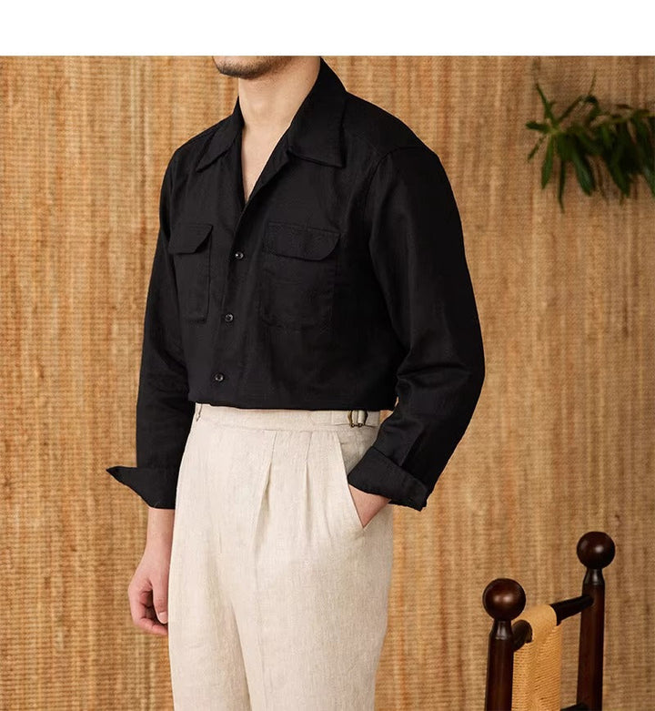 Lightweight men's shirt made of linen with Cuban collar and long sleeves – Mateo-Brown-S-The Livary