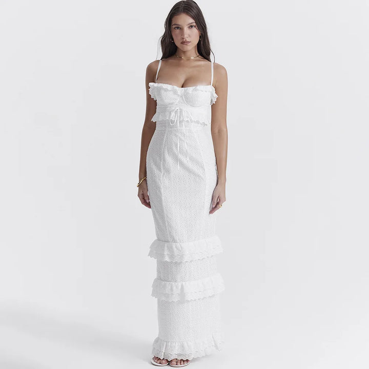 Stylish Embroidered Camisole Maxi Dress in White - Alina-XS-The Livary