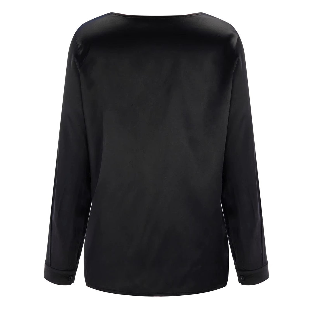 Satin women's shirt with deep V-neck & long sleeves – Daria-Black-S-The Livary