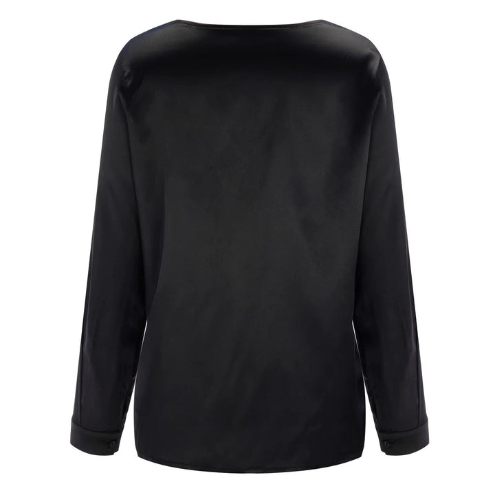 Satin women's shirt with deep V-neck & long sleeves – Daria-Black-S-The Livary