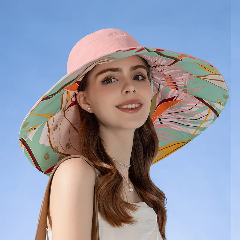 Reversible sun hat made of cotton with a wide brim (22-23 In) – Liora-Pink (double-sided)-The Livary