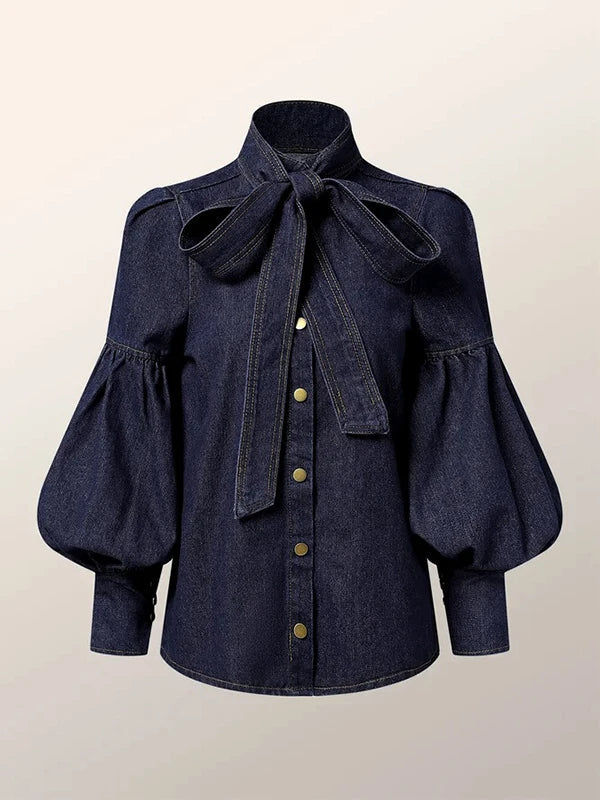 Ladies Denim Blouse with Puff Sleeves - Riva-S-The Livary